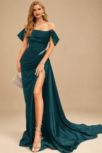 Rutipo Peacock Elegant Ruched Cold Shoulder Silk Like Satin High Slit Prom Dresses With Sweeping Side Drape