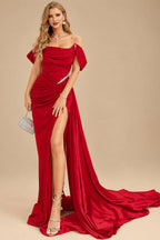 Rutipo Red Elegant Ruched Cold Shoulder Silk Like Satin High Slit Prom Dresses With Sweeping Side Drape
