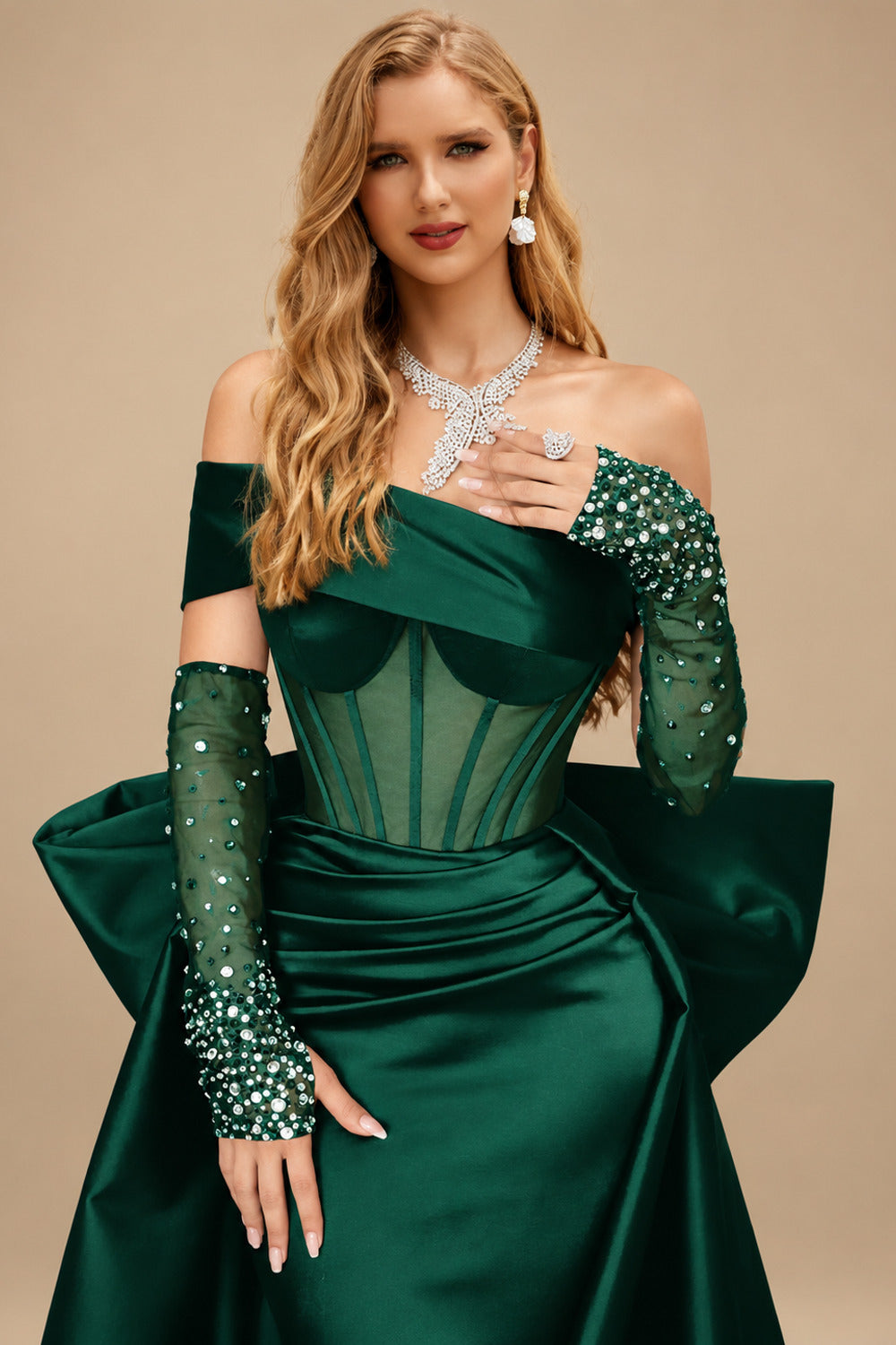 Rutipo Dark Green Sparkly Beading Sheath/Column Slit Prom Dresses