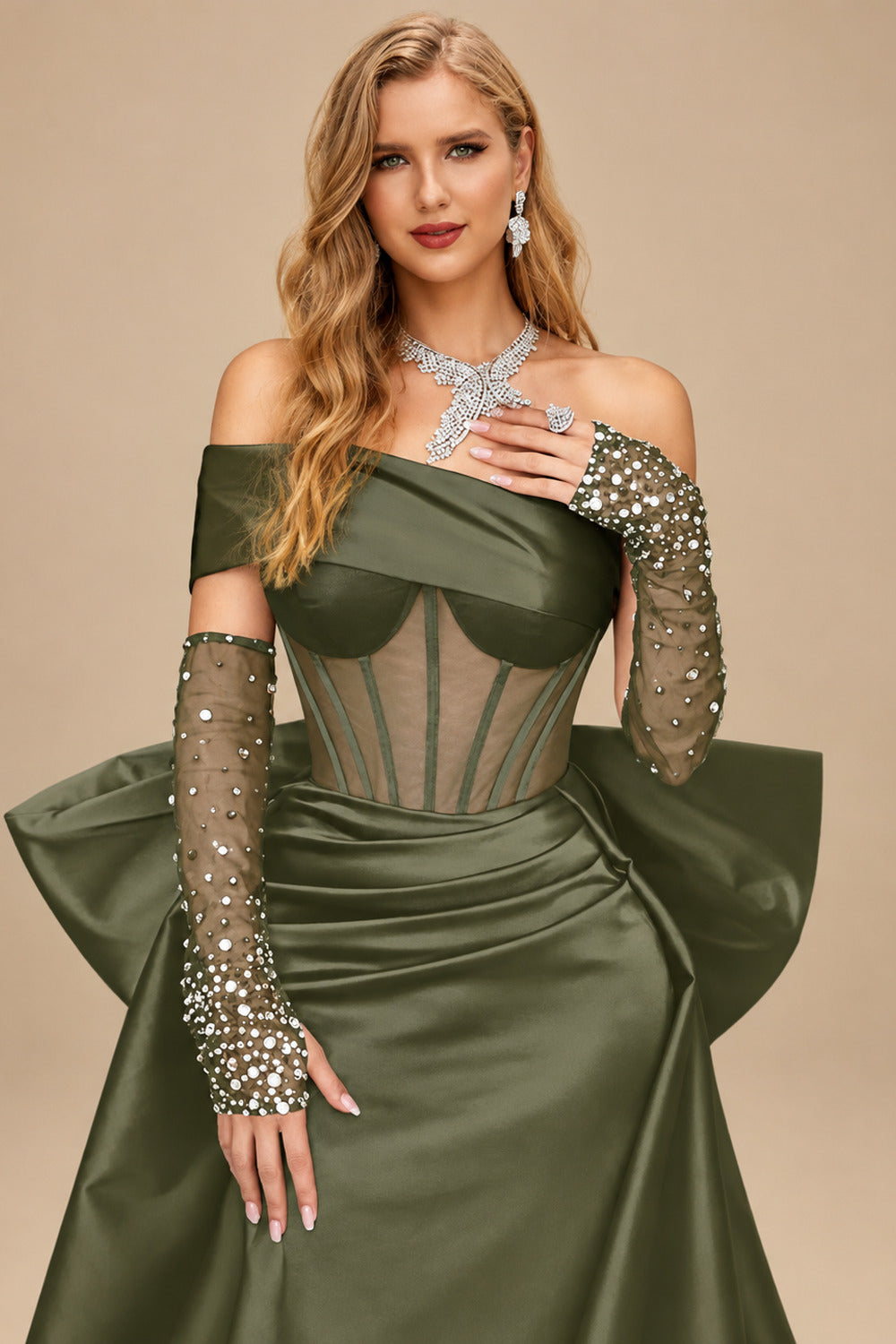 Rutipo Olive Green Sparkly Beading Sheath/Column Slit Prom Dresses