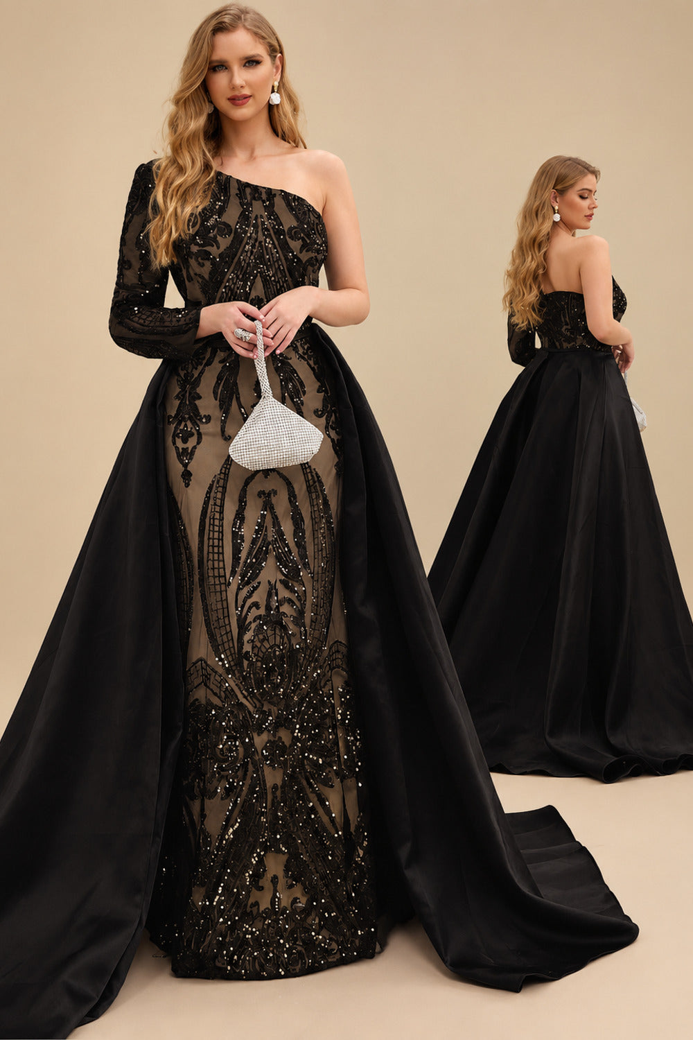 Rutipo Black Sequined Long Sleeves One-Shoulder Prom Dresses