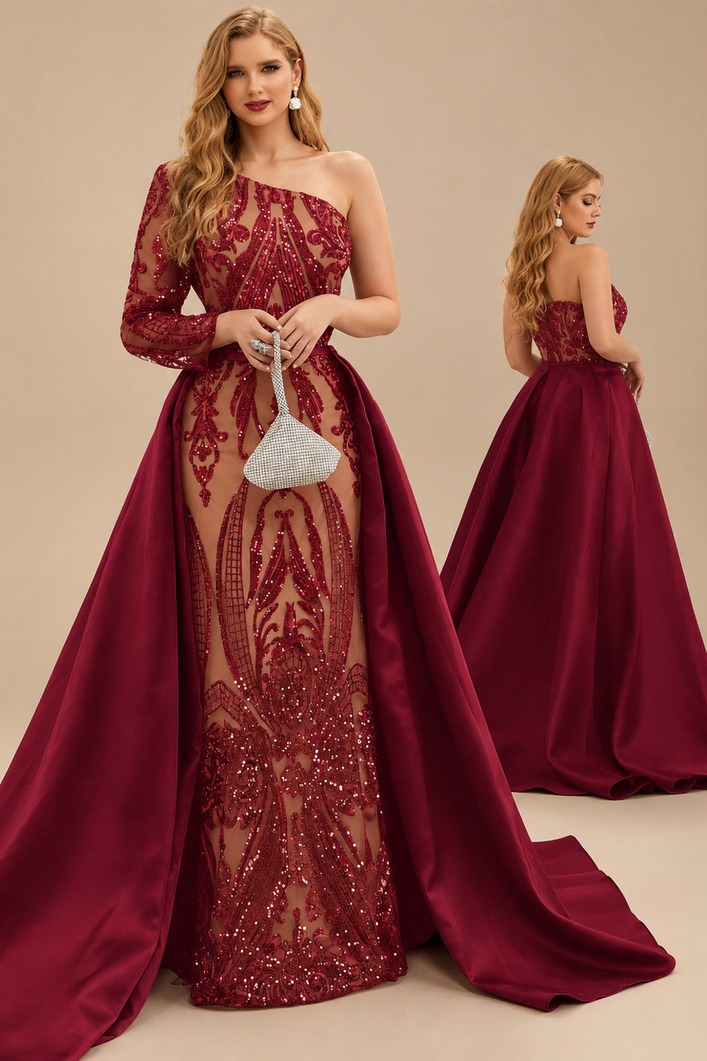 Rutipo Burgundy Sequined Long Sleeves One-Shoulder Prom Dresses