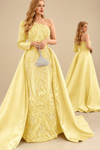 Rutipo Daffodil Sequined Long Sleeves One-Shoulder Prom Dresses
