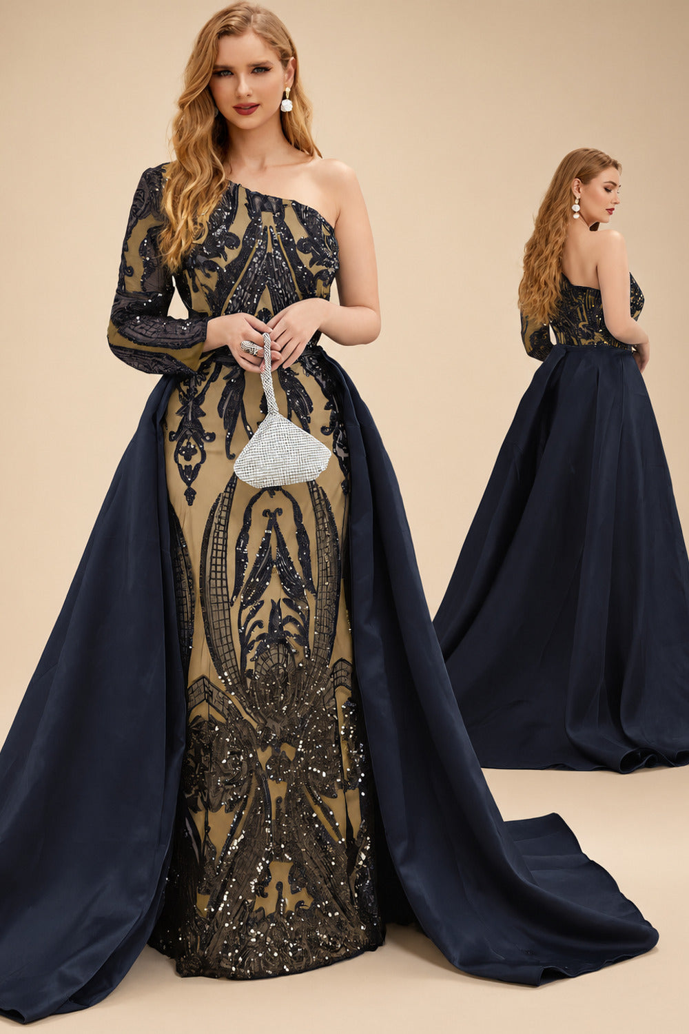 Rutipo Dark Navy Sequined Long Sleeves One-Shoulder Prom Dresses