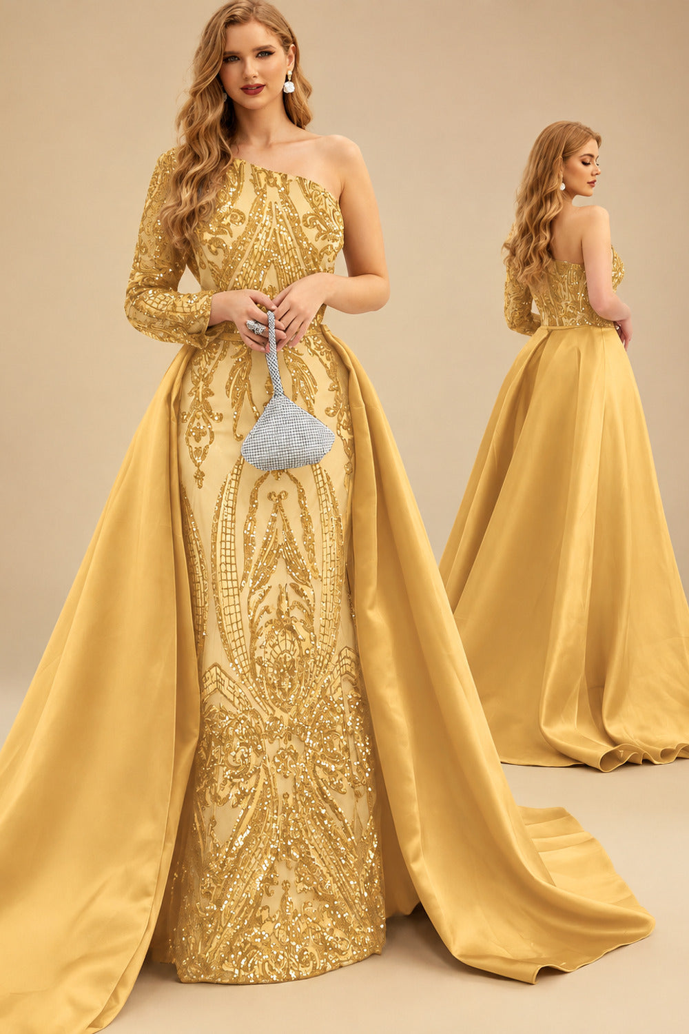 Rutipo Gold Sequined Long Sleeves One-Shoulder Prom Dresses