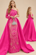 Rutipo Hot Pink Sequined Long Sleeves One-Shoulder Prom Dresses