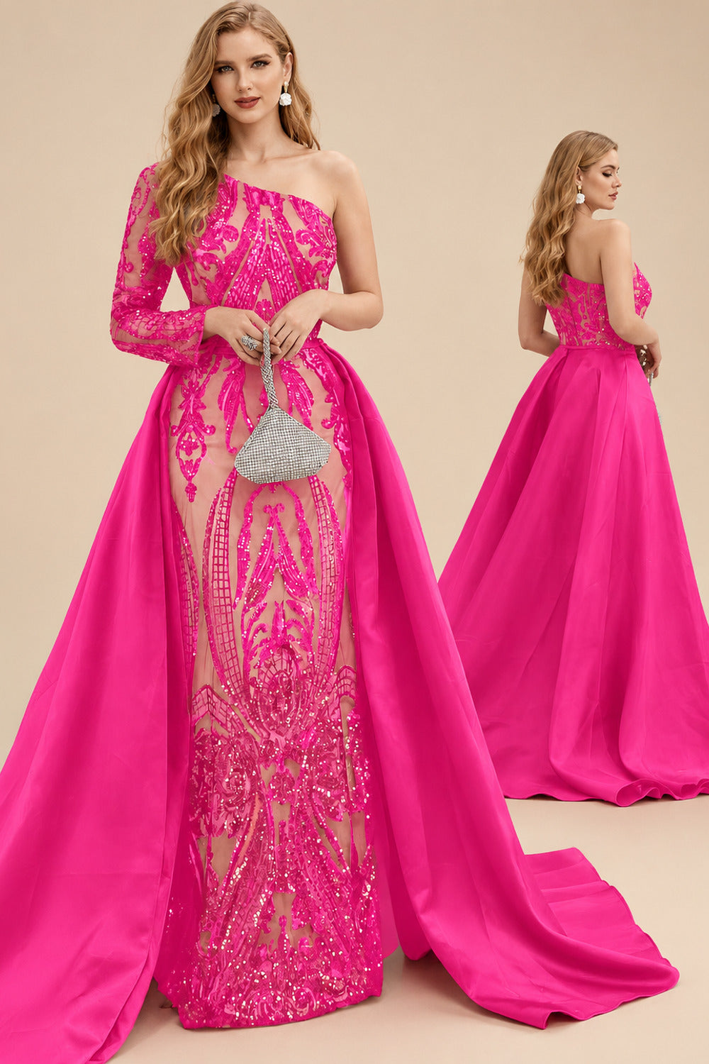 Rutipo Hot Pink Sequined Long Sleeves One-Shoulder Prom Dresses