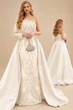 Rutipo Ivory Sequined Long Sleeves One-Shoulder Prom Dresses