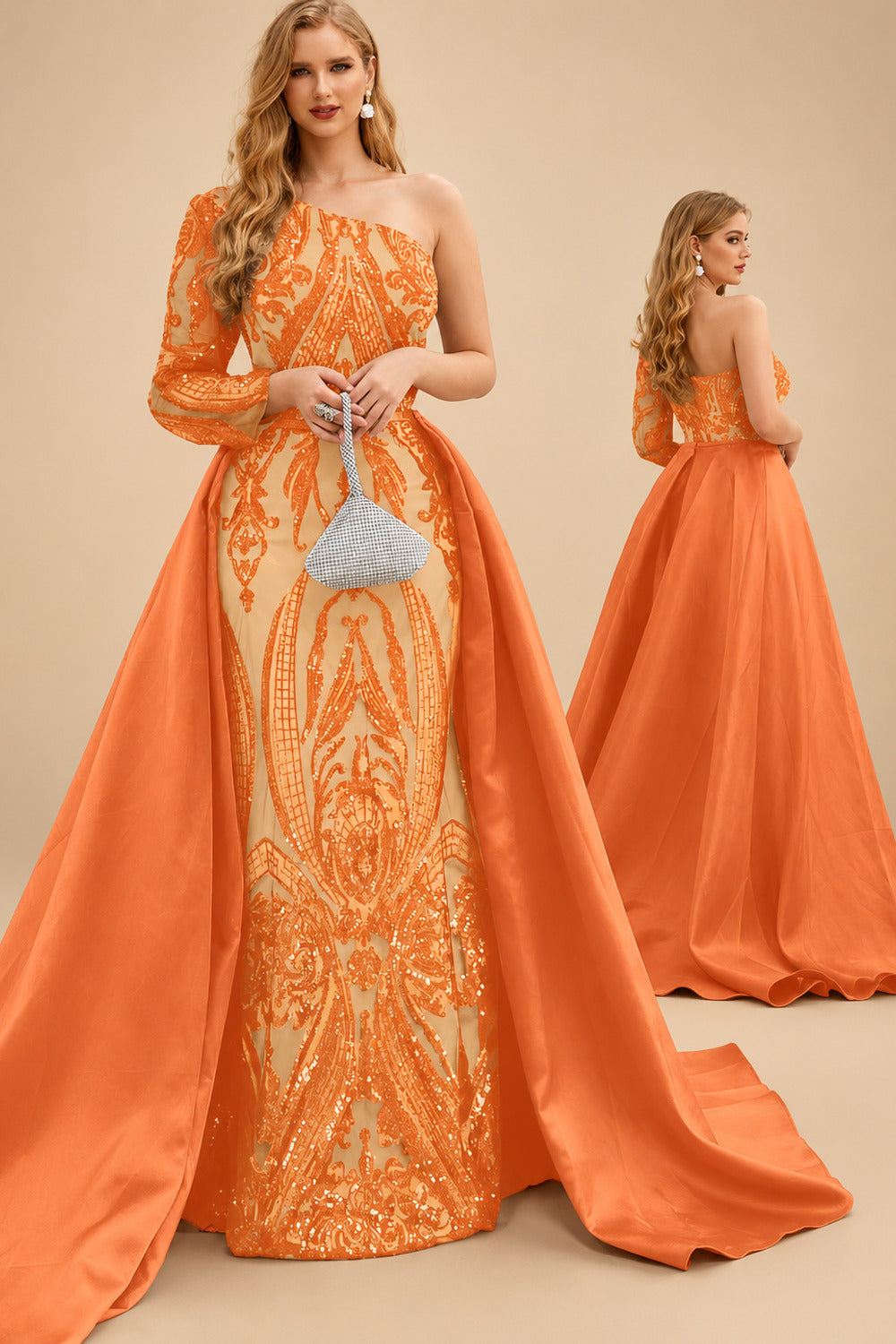 Rutipo Orange Sequined Long Sleeves One-Shoulder Prom Dresses