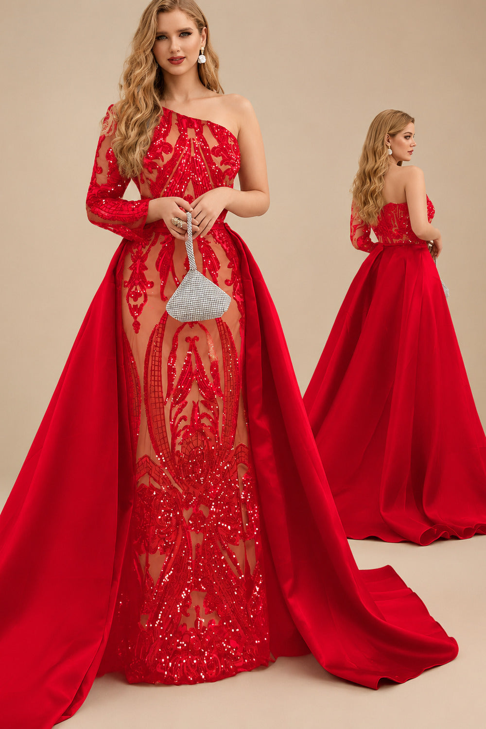 Rutipo Red Sequined Long Sleeves One-Shoulder Prom Dresses