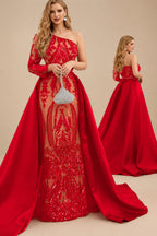 Rutipo Red Sequined Long Sleeves One-Shoulder Prom Dresses