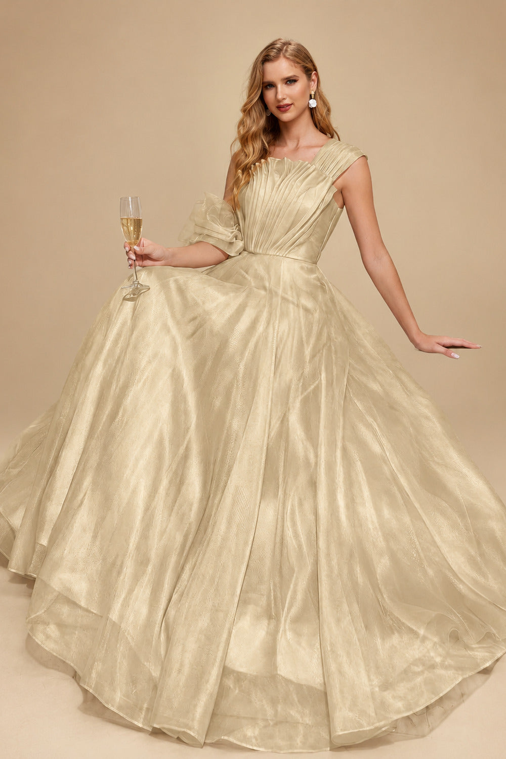 Rutipo Champagne A-Line Asymmetrical Sleeveless Floor-Length Organza/Satin Prom Dresses