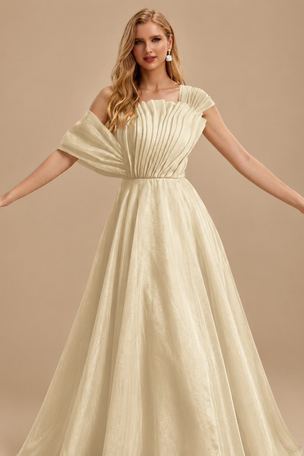 Rutipo Champagne A-Line Asymmetrical Sleeveless Floor-Length Organza/Satin Prom Dresses