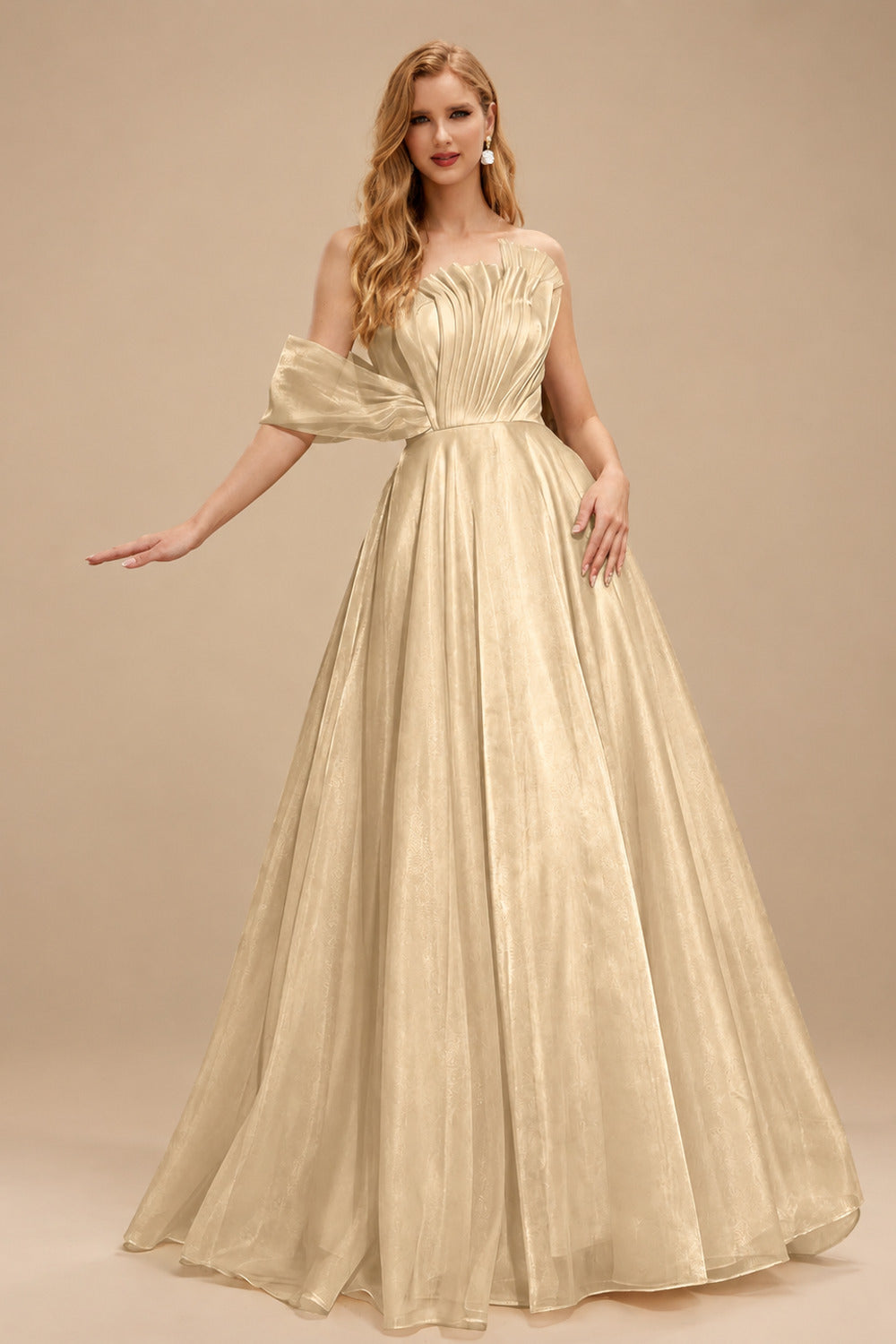 Rutipo Champagne A-Line Asymmetrical Sleeveless Floor-Length Organza/Satin Prom Dresses
