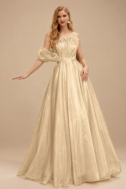 Rutipo Champagne A-Line Asymmetrical Sleeveless Floor-Length Organza/Satin Prom Dresses