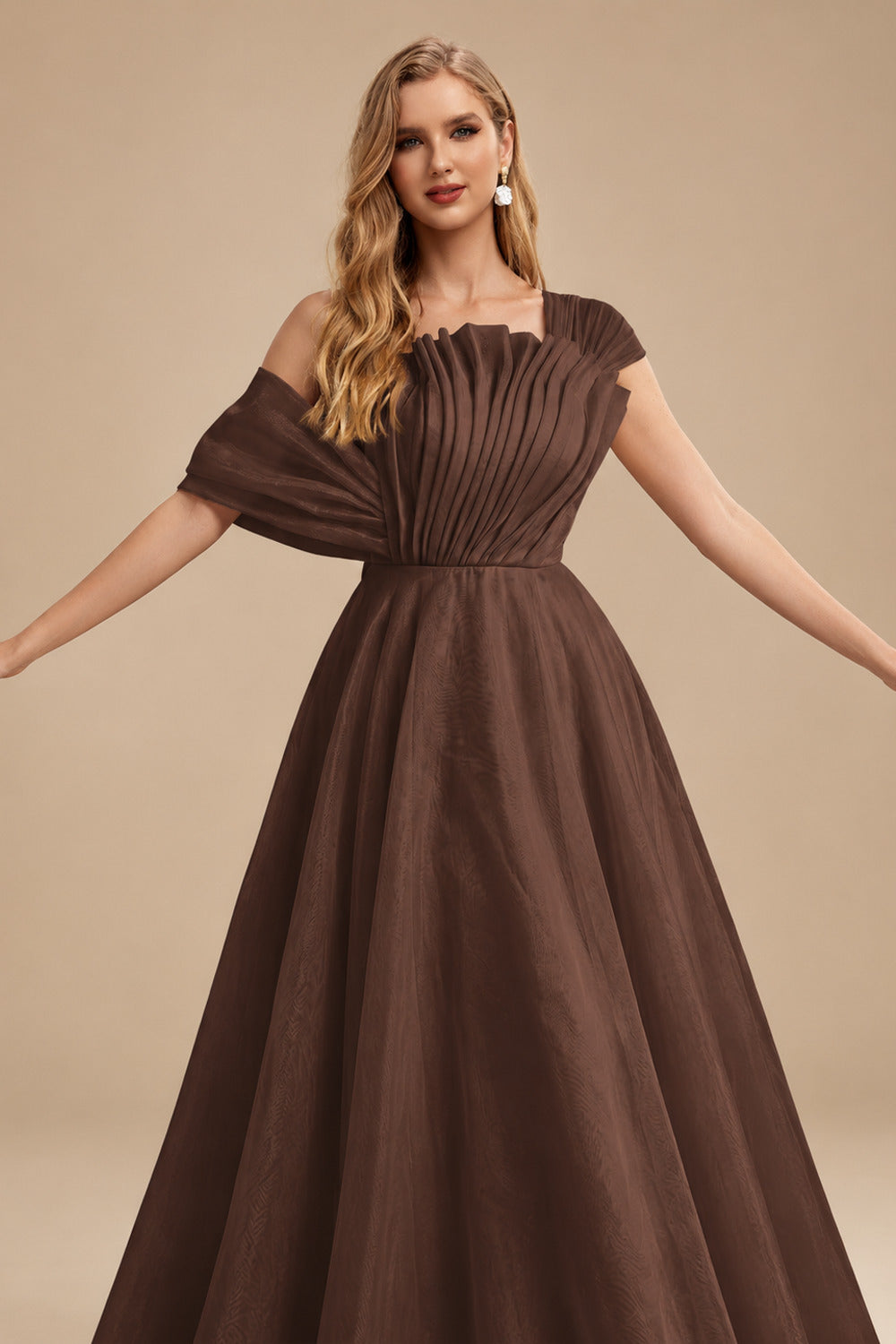 Rutipo Chocolate A-Line Asymmetrical Sleeveless Floor-Length Organza/Satin Prom Dresses