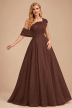 Rutipo Chocolate A-Line Asymmetrical Sleeveless Floor-Length Organza/Satin Prom Dresses