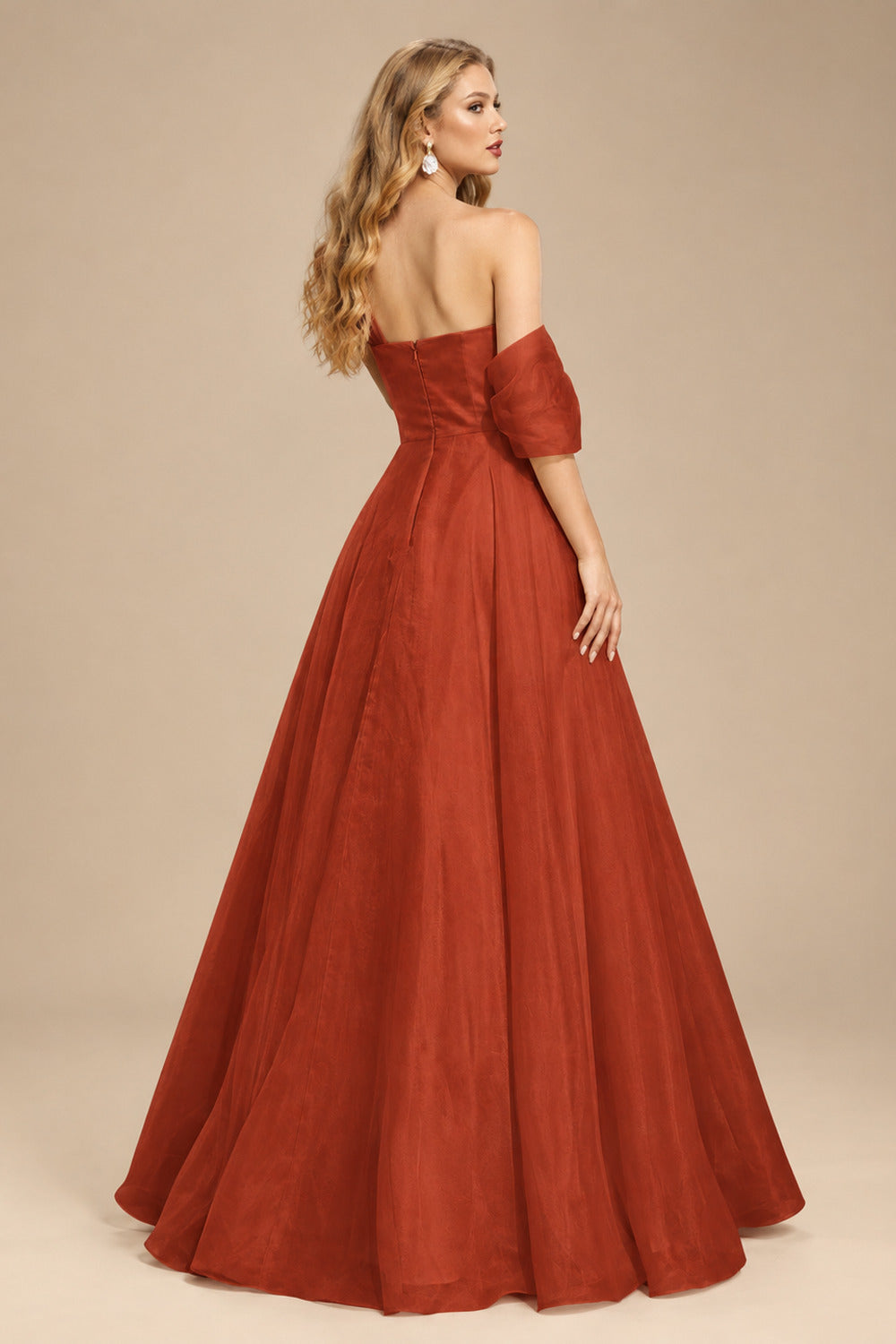 Rutipo Terracotta A-Line Asymmetrical Sleeveless Floor-Length Organza/Satin Prom Dresses
