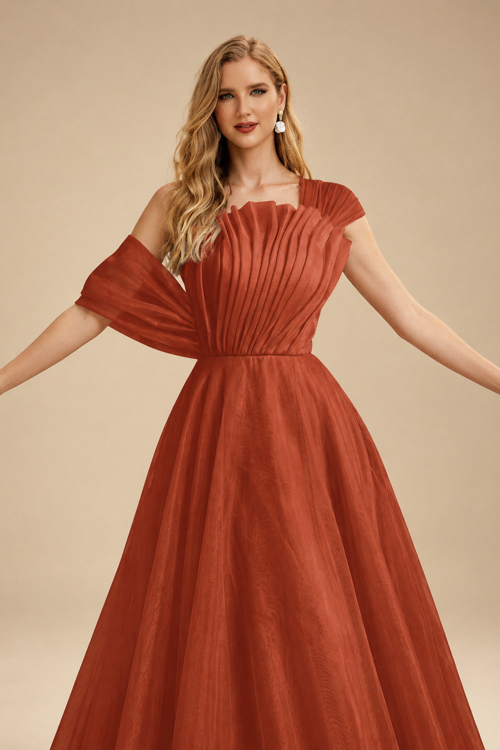 Rutipo Terracotta A-Line Asymmetrical Sleeveless Floor-Length Organza/Satin Prom Dresses