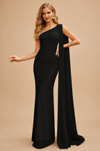 Rutipo Black Unique Riched One-Shoulder Chiffon Prom Dresses With Shoulder Side Drape
