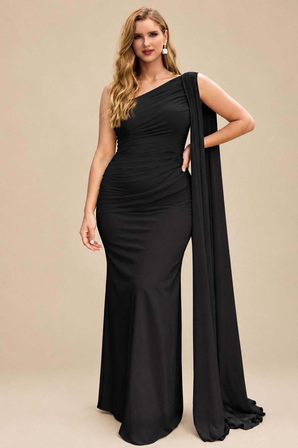Rutipo Black Unique Riched One-Shoulder Chiffon Prom Dresses With Shoulder Side Drape