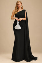 Rutipo Black Unique Riched One-Shoulder Chiffon Prom Dresses With Shoulder Side Drape
