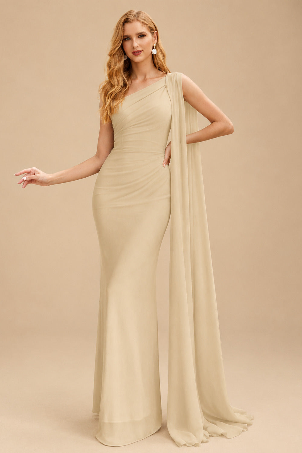 Rutipo Champagne Unique Riched One-Shoulder Chiffon Prom Dresses With Shoulder Side Drape