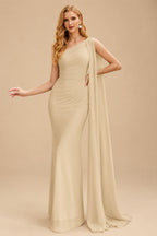 Rutipo Champagne Unique Riched One-Shoulder Chiffon Prom Dresses With Shoulder Side Drape
