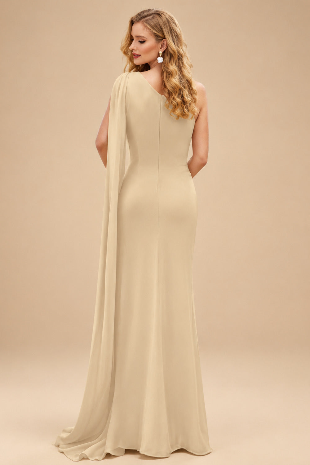 Rutipo Champagne Unique Riched One-Shoulder Chiffon Prom Dresses With Shoulder Side Drape