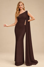 Rutipo Chocolate Unique Riched One-Shoulder Chiffon Prom Dresses With Shoulder Side Drape