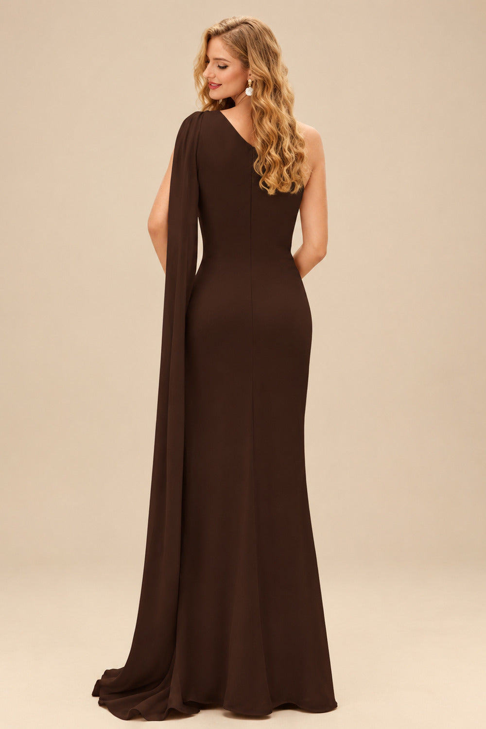 Rutipo Chocolate Unique Riched One-Shoulder Chiffon Prom Dresses With Shoulder Side Drape