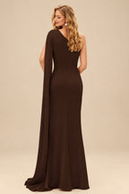Rutipo Chocolate Unique Riched One-Shoulder Chiffon Prom Dresses With Shoulder Side Drape