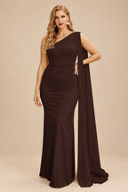 Rutipo Chocolate Unique Riched One-Shoulder Chiffon Prom Dresses With Shoulder Side Drape