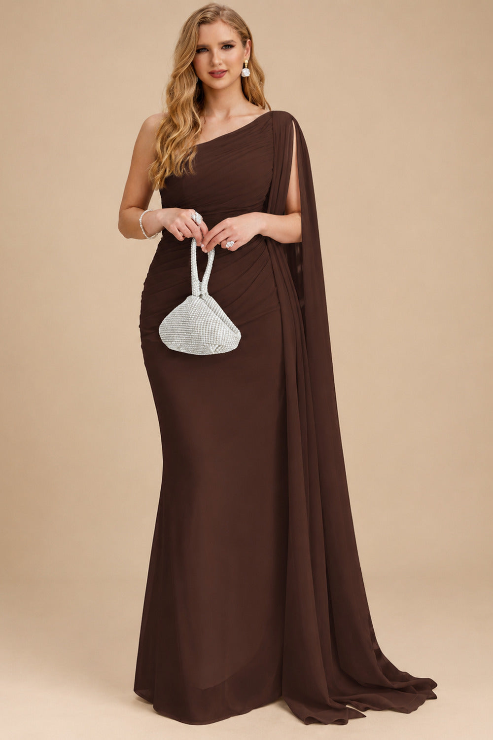 Rutipo Chocolate Unique Riched One-Shoulder Chiffon Prom Dresses With Shoulder Side Drape