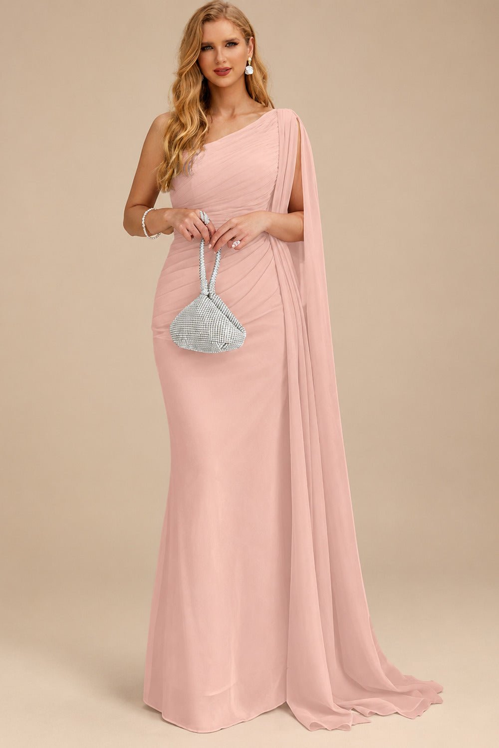 Rutipo Dusty Rose Unique Riched One-Shoulder Chiffon Prom Dresses With Shoulder Side Drape