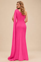 Rutipo Hot Pink Unique Riched One-Shoulder Chiffon Prom Dresses With Shoulder Side Drape