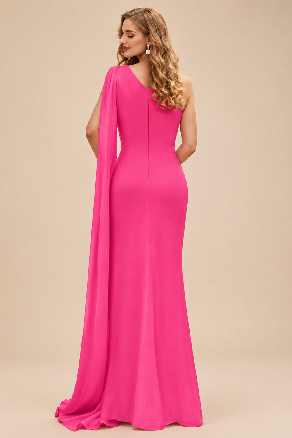 Rutipo Hot Pink Unique Riched One-Shoulder Chiffon Prom Dresses With Shoulder Side Drape