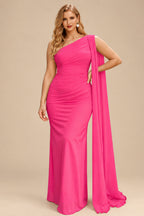 Rutipo Hot Pink Unique Riched One-Shoulder Chiffon Prom Dresses With Shoulder Side Drape