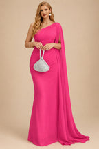 Rutipo Hot Pink Unique Riched One-Shoulder Chiffon Prom Dresses With Shoulder Side Drape