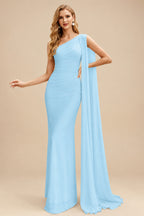 Rutipo Sky Blue Unique Riched One-Shoulder Chiffon Prom Dresses With Shoulder Side Drape