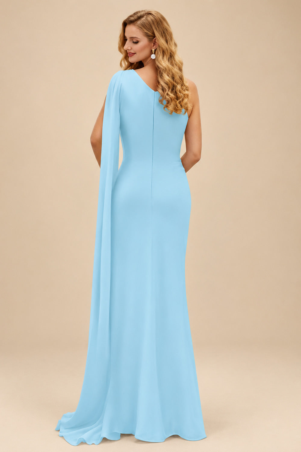 Rutipo Sky Blue Unique Riched One-Shoulder Chiffon Prom Dresses With Shoulder Side Drape