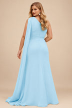 Rutipo Sky Blue Unique Riched One-Shoulder Chiffon Prom Dresses With Shoulder Side Drape