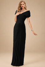 Rutipo Black Sheath/Column Off-The-Shoulder Elastic Satin Prom Dresses With Pleated