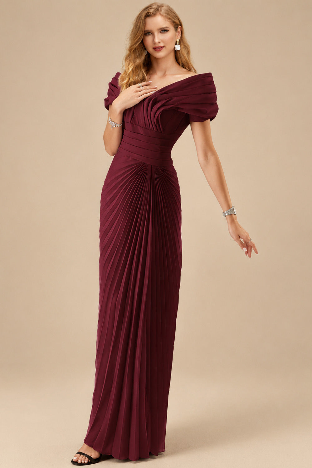 Rutipo Burgundy Sheath/Column Off-The-Shoulder Elastic Satin Prom Dresses With Pleated