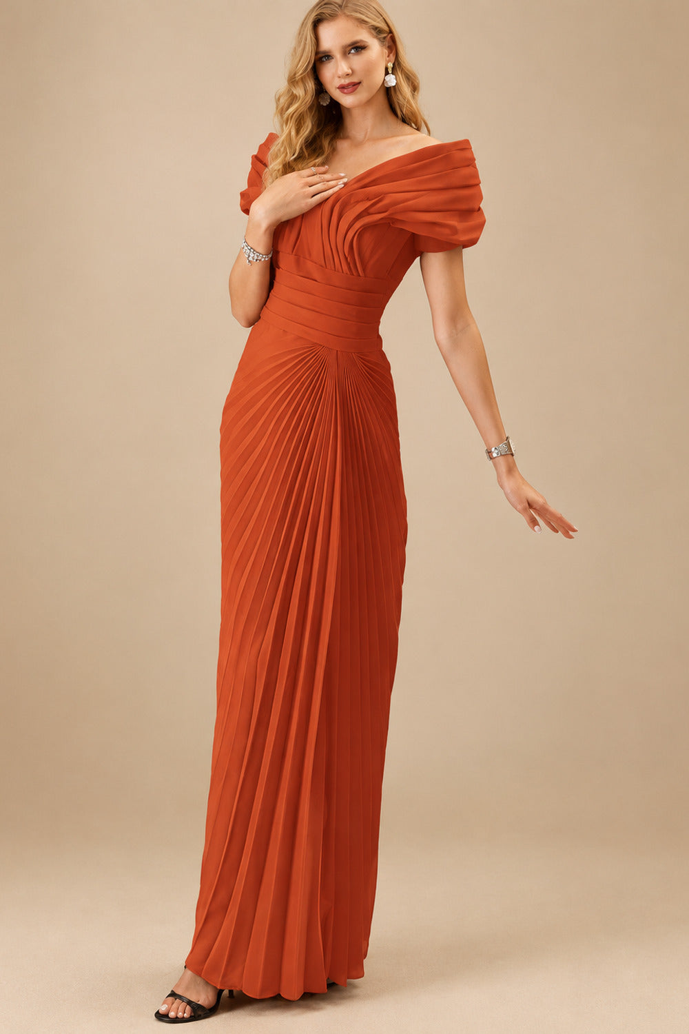 Rutipo Burnt Orange Sheath/Column Off-The-Shoulder Elastic Satin Prom Dresses With Pleated
