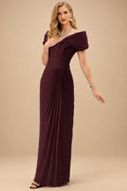 Rutipo Cabernet Sheath/Column Off-The-Shoulder Elastic Satin Prom Dresses With Pleated