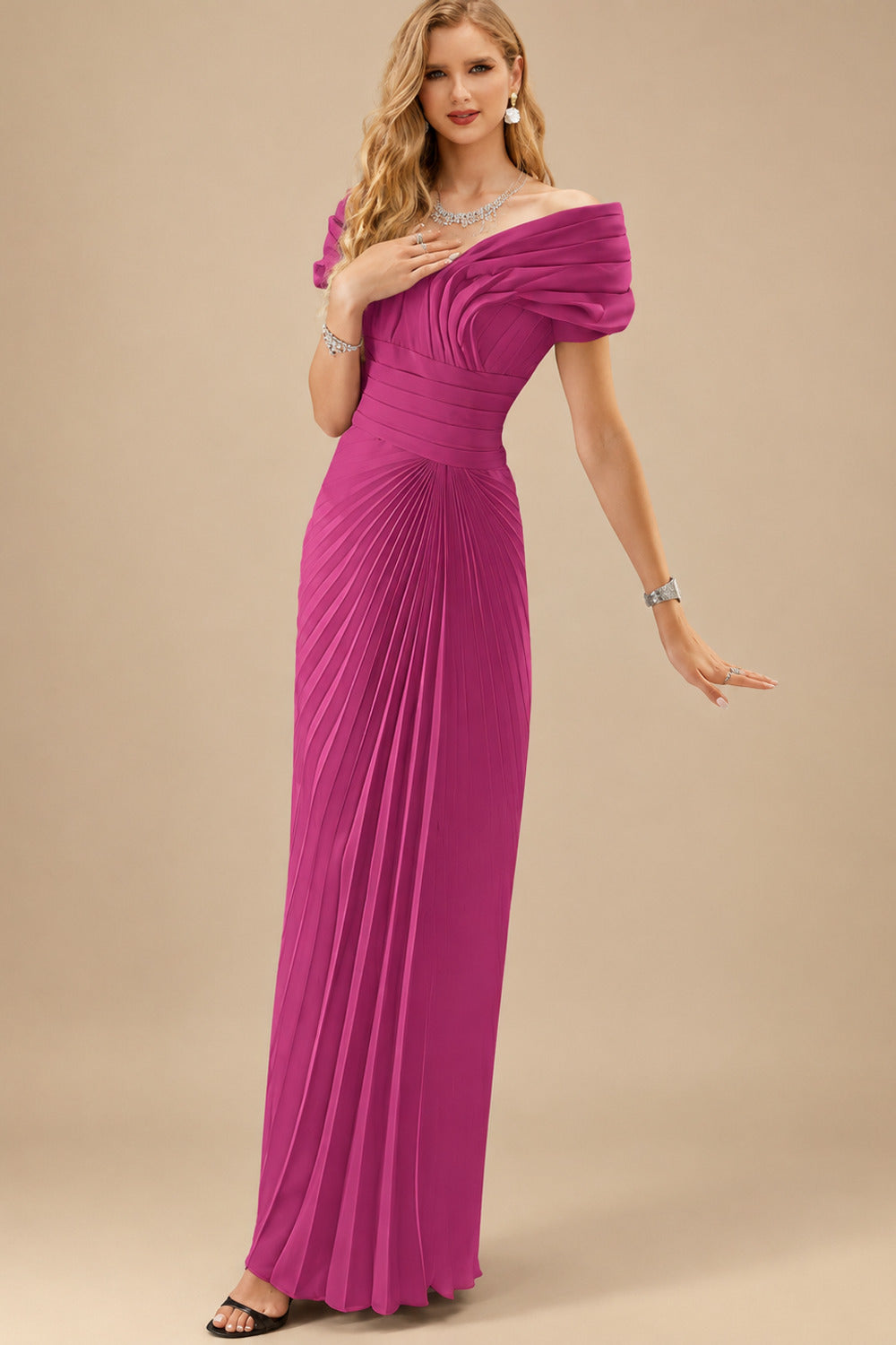 Rutipo Fuchsia Sheath/Column Off-The-Shoulder Elastic Satin Prom Dresses With Pleated