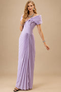 Rutipo Lilac Sheath/Column Off-The-Shoulder Elastic Satin Prom Dresses With Pleated