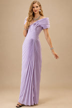 Rutipo Lilac Sheath/Column Off-The-Shoulder Elastic Satin Prom Dresses With Pleated