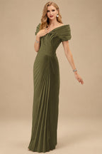 Rutipo Olive Green Sheath/Column Off-The-Shoulder Elastic Satin Prom Dresses With Pleated